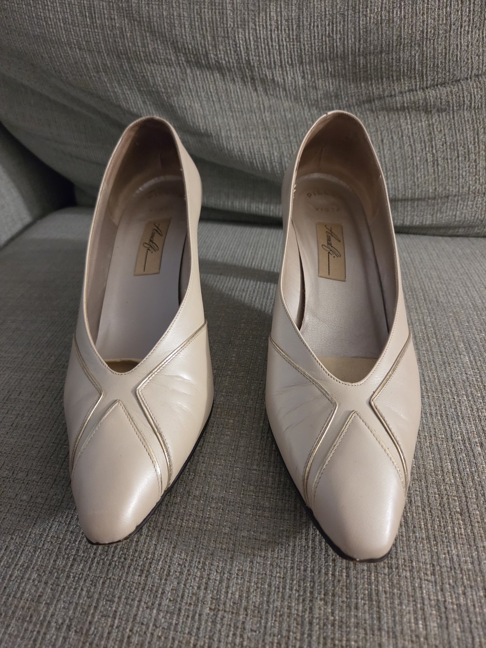 Amalfi Beige Pointed-Toe Heels with X Stitch Detail